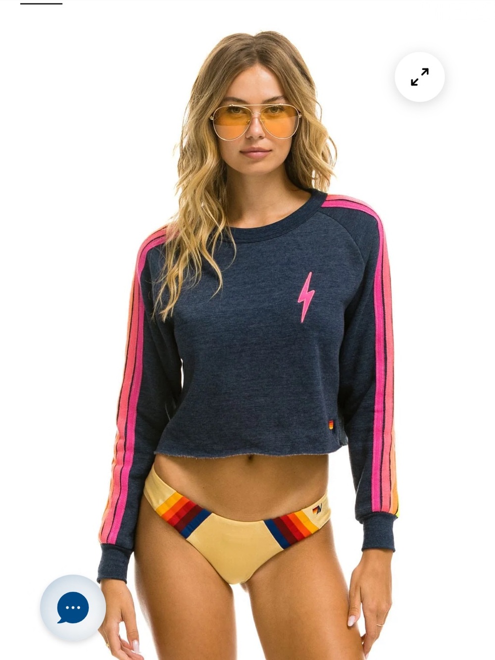 Aviator Nation Navy Cropped Sweatshirt with Pink Stripe Sleeves